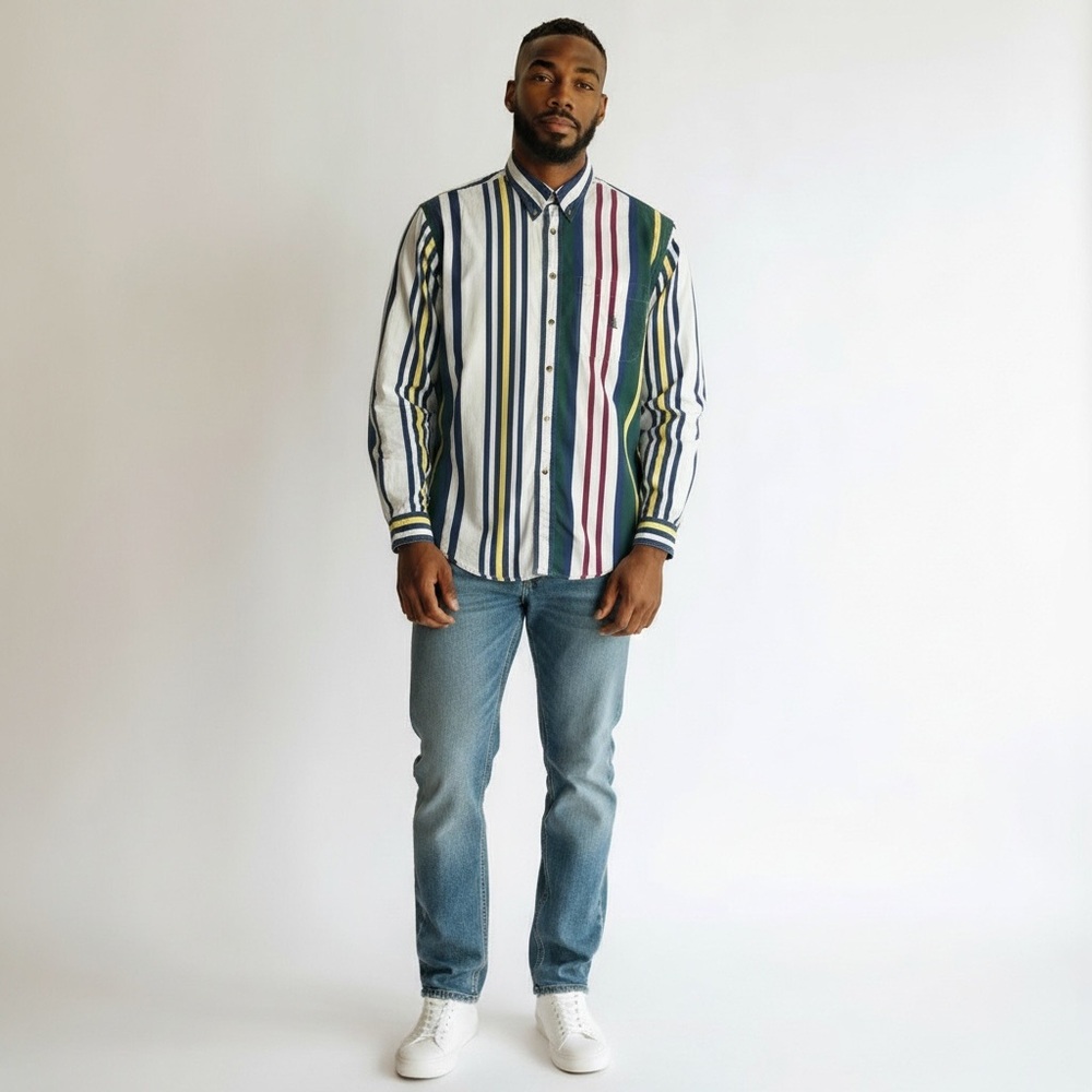 Vintage Nautica Competition Striped Button‎ Down Shirt L Y2K Sailing Color Block